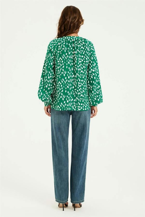 FS Collection Brushstroke Print long sleeve Blouse Top In Green
