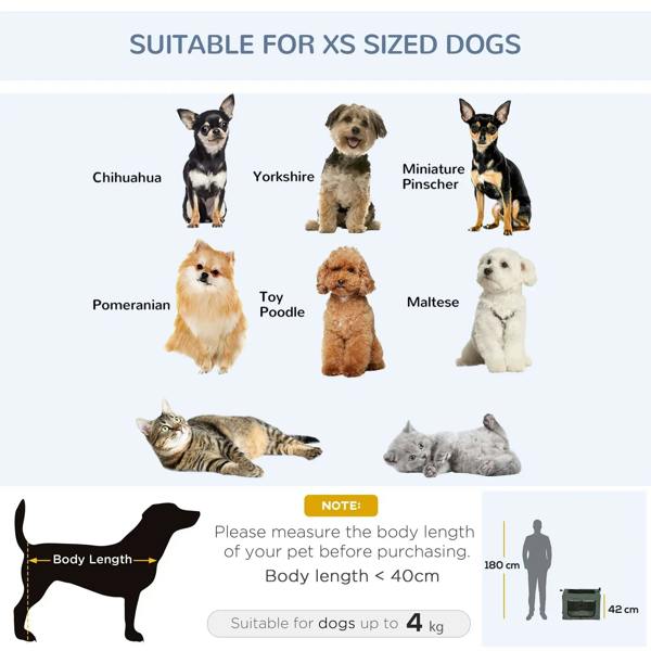 Pet suitability chart for small dogs, with body length guidance and sizes