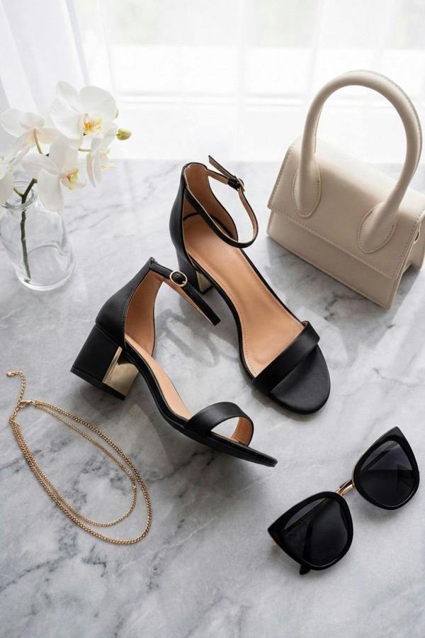 Luna Womens Gold Heel Ankle Strap Sandals - JET BLACK