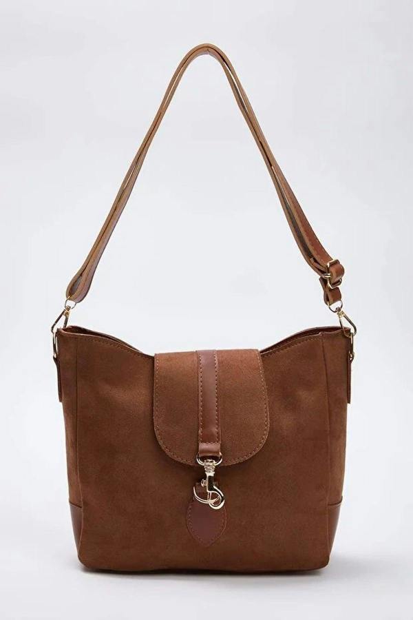 WOVCOR Suede Women's Midi Tote Shoulder Bag with Buckle Detail