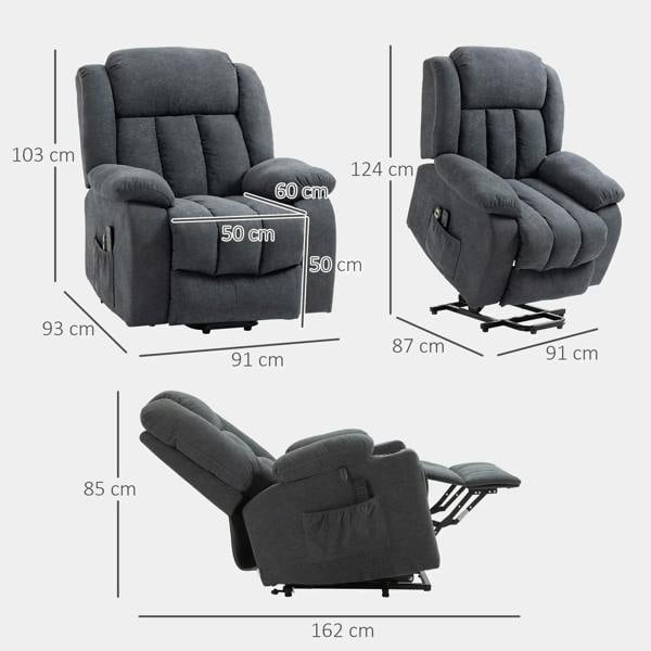 Dark grey lift recliner chair showing multiple angles and extended footrest
