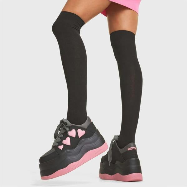 Lamoda Heart On My Sleeve Platform Heels Black Suede Pink Heart Design