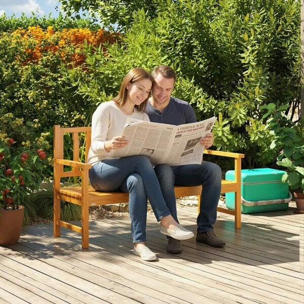 Wooden Bench with Liftable Middle Table, Outdoor Bench, Patio Loveseat for Porch, Garden, Seats 2-3 People