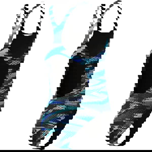 Speedo Girls HyberBoom allover printed Medalist swimsuit in black/blue geometric pattern