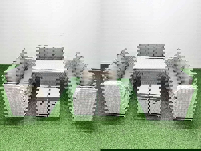 Fimous 11-Seater Light Grey PE Rattan Outdoor Lounge Set | Adjustable Dining/Coffee Table, 3-Seater Sofa, 2 Stools