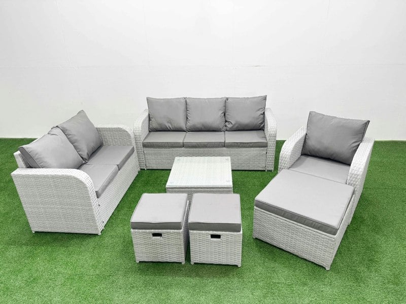 Fimous Patio 9 Seater Outdoor Rattan Furniture Sofa Set with Square Coffee Table Reclining Chair Loveseat Sofa 3 Seater Sofa Stool Light Grey