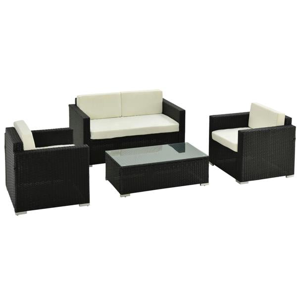 Wyld Haus Elrolo Rattan Black 4 Seater Outdoor Sofa Set With White Cushions and Rectangular Coffee Table Glass Top