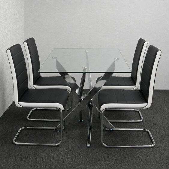 Kosy Koala Glass Dining Table Set with 4 Faux Leather Chairs, Sturdy Chrome Legs, Rectangular, 120cm