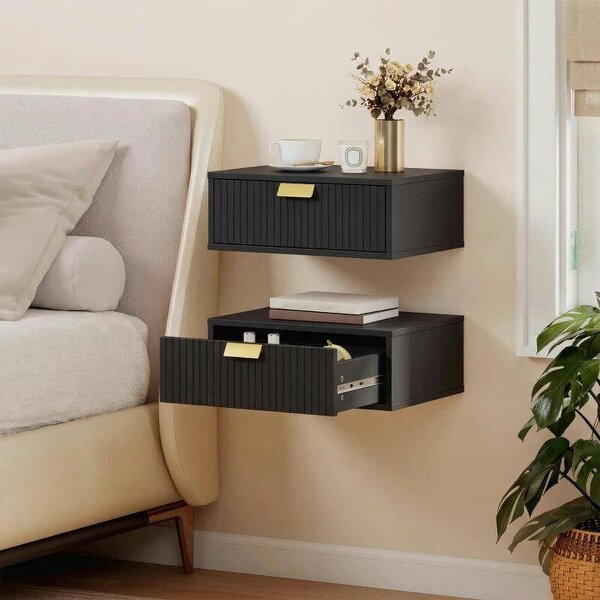 Modern Floating Nightstands Set of 2, Wall Mounted Bedside Tables with Wave Drawer Black