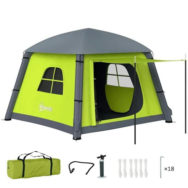 2-person inflatable camping tent, green with dark gray frame, mesh windows and door