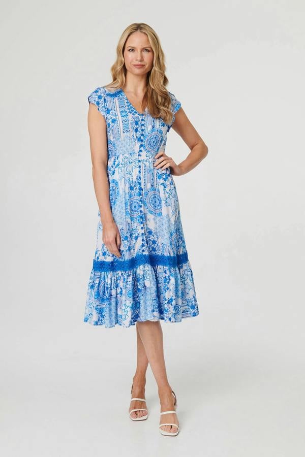 Blue | Abstract Printed Lace Trim Midi Dress
