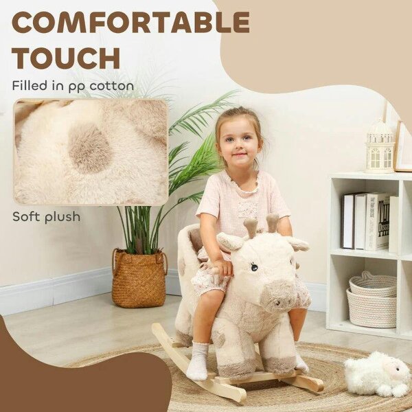 Rocking Horse, Stable Plush Ride on Horse Giraffe Design with Music, Security Belt, Baby Toy Rocker for 1-3 Years, Beige