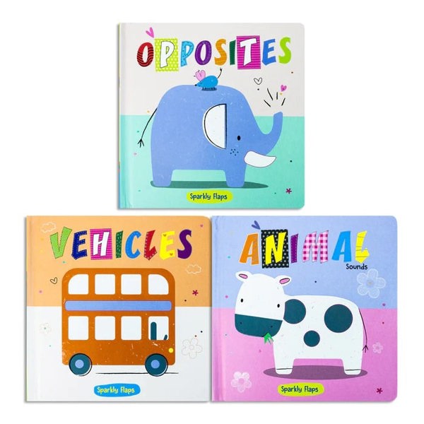 Sparkly Lift the Flaps 3 Board Book Set Opposites, Vehicles, Animal Sounds