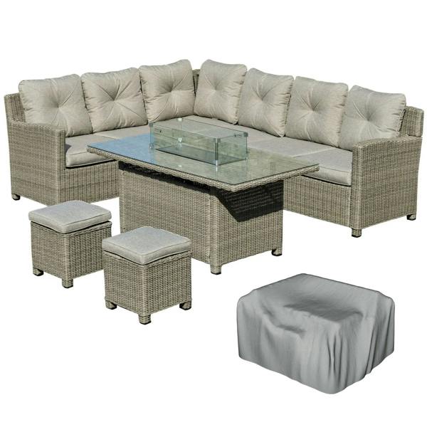 Grey outdoor rattan sectional sofa set with glass fire pit table and footstools