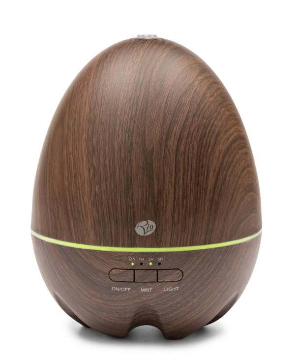 The Rio ARIA Aroma Diffuser Humidifier and Nightlight features a dark wood-grain, egg-shaped design with power, mist, and light controls plus an LED strip—perfect for relaxation and enhancing your décor.