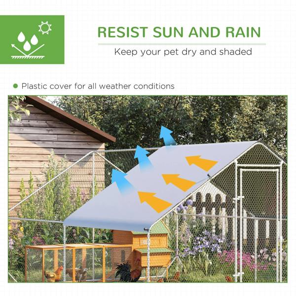 Chicken coop with rain-shelter cover over dark roof, wire mesh walls