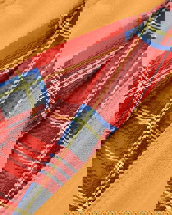 Lambretta Mens ShowerProof Classic Harrington MOD Scooter Jacket Coat, close-up of the multicolored tartan lining contrasted with mustard-colored exterior fabric.