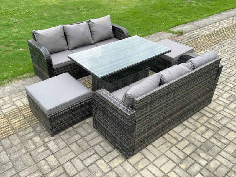 Fimous Outdoor Rattan Garden Furniture Sets Height Adjustable Rising lifting Dining Table Sofa Set with 2 Big Footstool 8 Seater Dark Grey Mixed