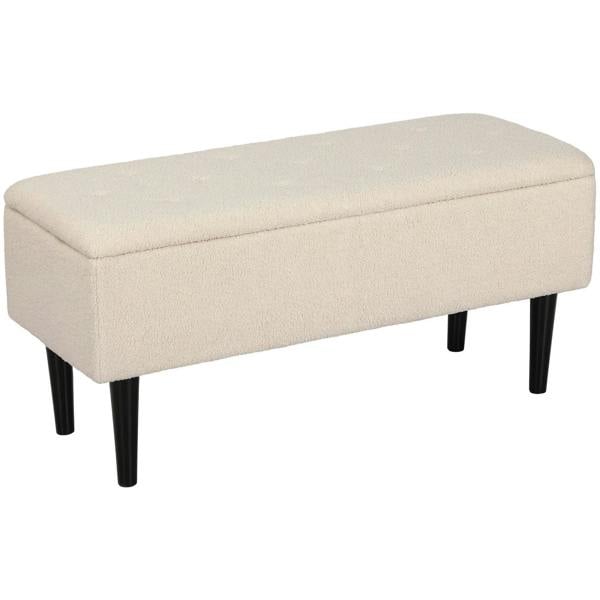 Cream teddy fleece storage ottoman with padded top and dark legs