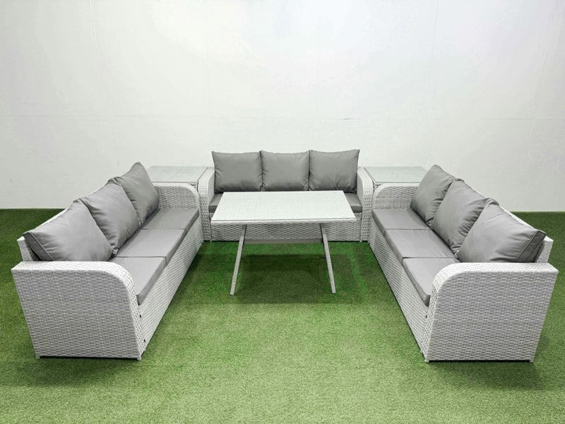Fimous 9 Seat Outdoor PE Rattan Garden Furniture with Cushions 3 Seater Sofa 2 Side Tables Light Grey