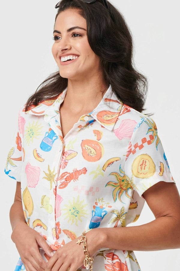 White | Abstract Tie Waist Midi Shirt Dress
