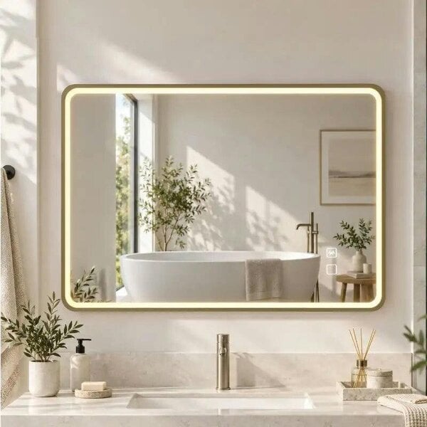 Bathroom Mirror with LED Lights, 100x70cm Rectangle Bathroom Mirror, Dimmable, Bluetooth, Anti-Fog, Gold Tone - Gold Tone