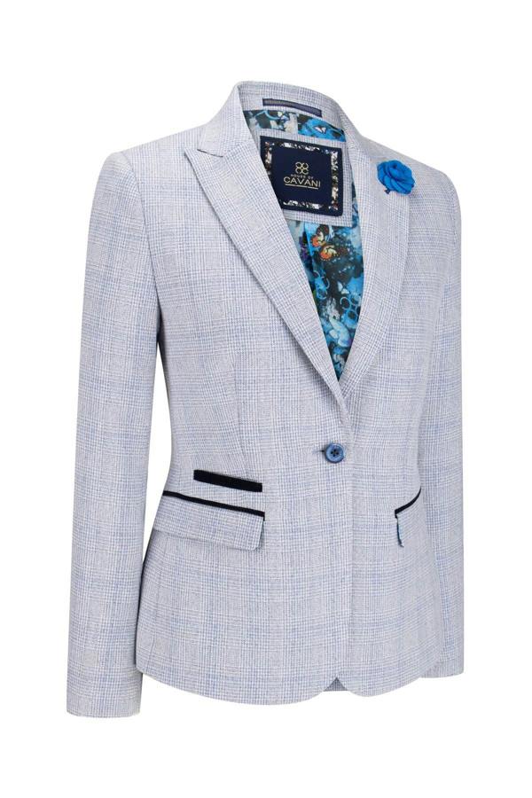 House of Cavani Womens Blue Check Blazer Wool Blend Herringbone Tweed