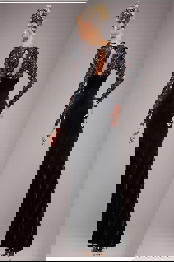 Hotfix Diamante Sleeve Front Split Velvet Maxi Dress - Black DR4383