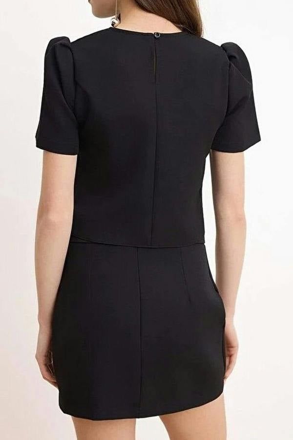 WOVCOR 2-Piece Balloon Sleeve Blouse and Mini Skirt Woven Top and Bottom Set