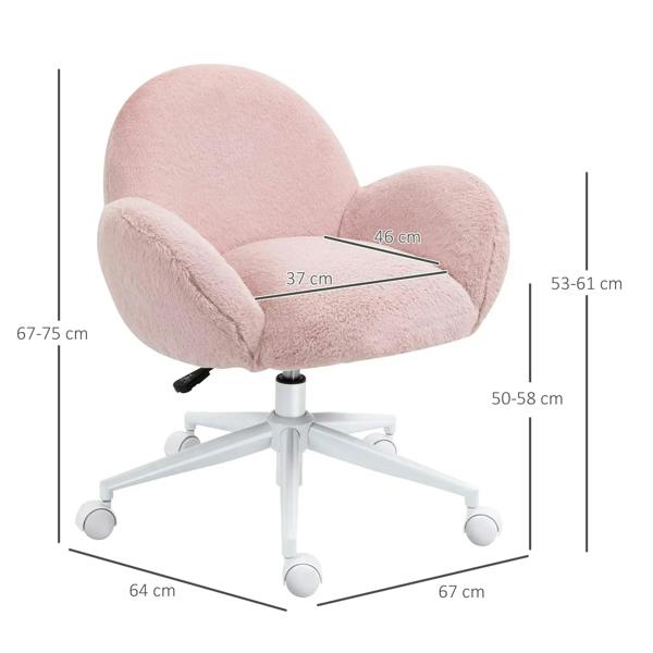Pink fluffy swivel chair with rolled arms and casters, white pedestal base