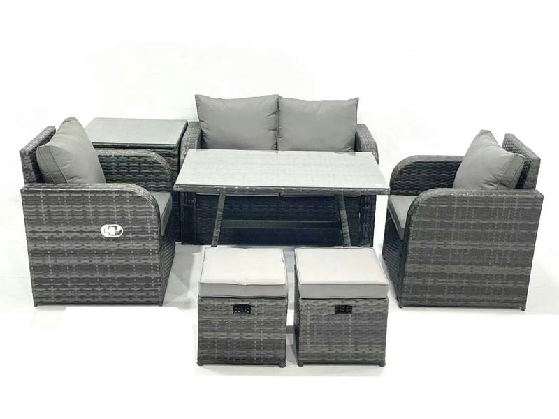 Fimous Outdoor Garden Furniture Set Rattan Sofa Dining Table Set with Reclining Chair Side Table 2 Small Footstool Dark Grey Mixed