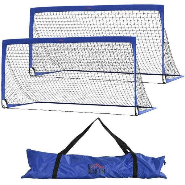 Foldable football goal net set (2) with blue carry bag, rectangular frame mesh