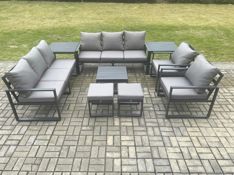 Fimous Aluminium Patio Outdoor Garden Furniture Lounge Sofa Set with Square Coffee Table 2 Chairs 2 Side Tables 2 Small Footstool Dark Grey