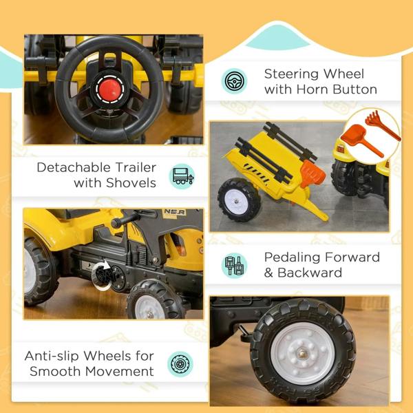 Yellow kids pedal go-kart excavator showing steering wheel horn and detachable trailer
