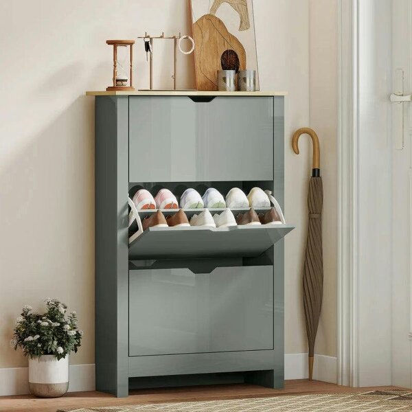 Slim Shoe Cabinet, Narrow Shoe Cupboard with 3 Flip Drawers, Adjustable Shelves for 18 Pairs of Shoes, Light Grey - Light Grey