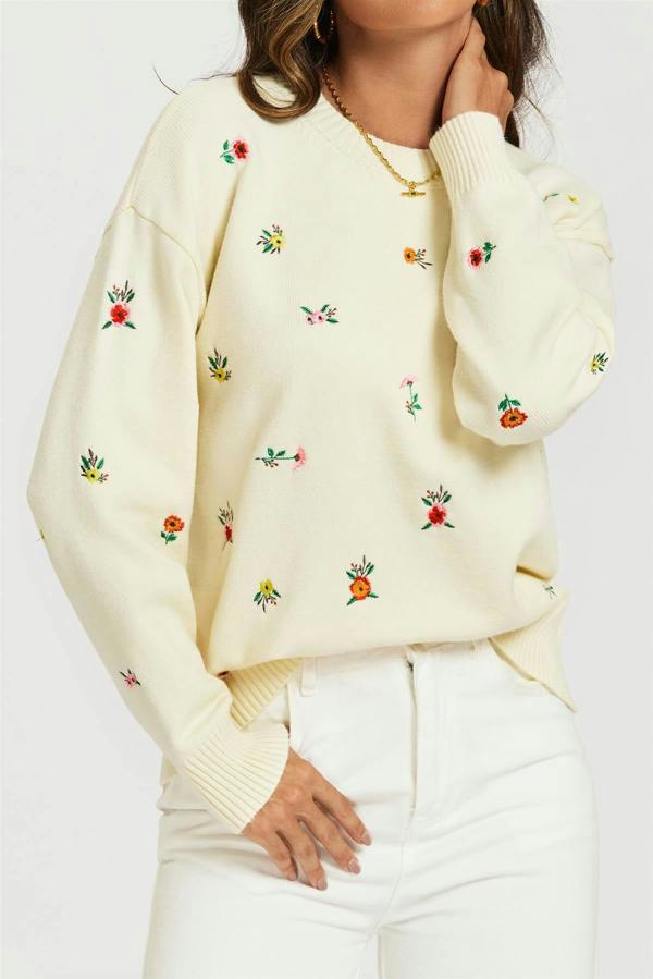 FS Collection Embroidered Floral Knit Jumper Top In Cream