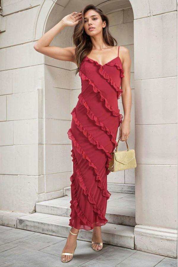 Gracie V-neck Tiered Ruffle Backless Maxi Dress - Cherry Red