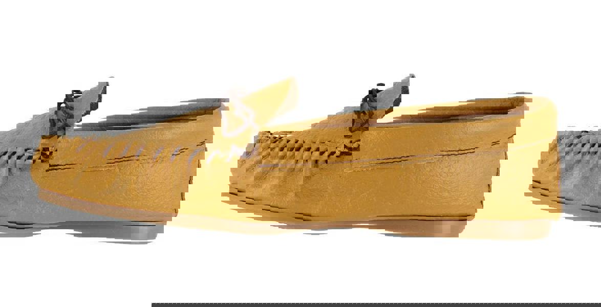 Northamptonshire Slipper Co. Mens British Hand Made Casual Leather Moccs Moccasins Slippers, a tan leather moccasin with hand-stitched detailing and a lace-up front design.