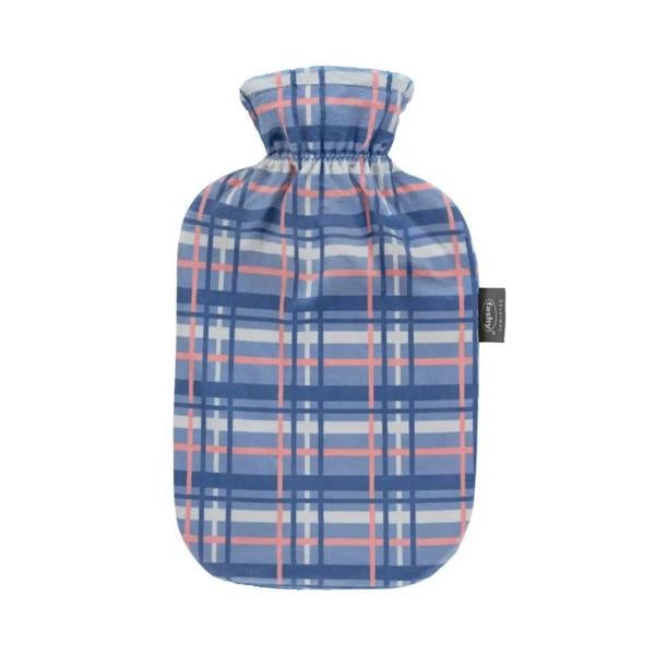 Fashy 2L hot water bottle with purple blue tartan plush cover