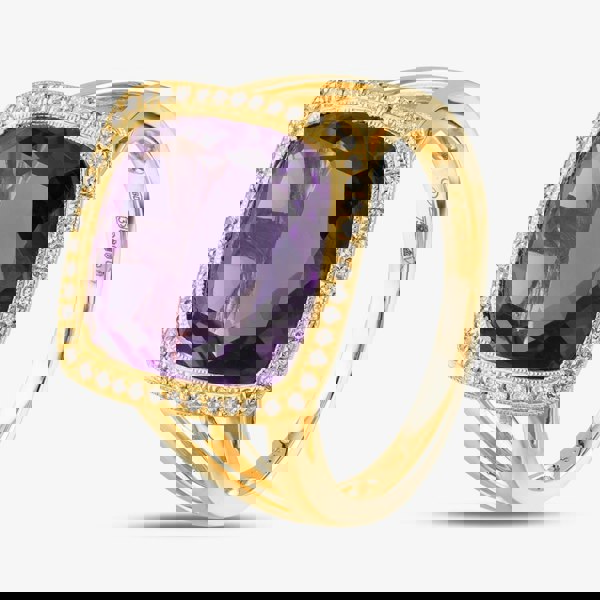 T. H. Baker 9ct Yellow Gold Cushion Cut Amethyst & Brilliant Cut Diamond Shoulder Set Halo Ring R26620Y-AMY P