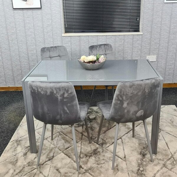 Kosy Koala Modern Rectangle Grey Glass Dining Table Set With 4 Grey Velvet Chairs Dining Room Furniture