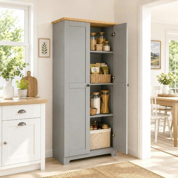 Kitchen Cupboard, 172cm Freestanding Storage Cabinet with Doors and Shelves, Grey - Grey