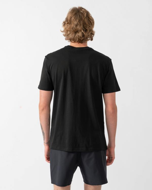 back of a model wearing an Emporio Armani Mens Beach T-Shirt with Eagle Logo in Black