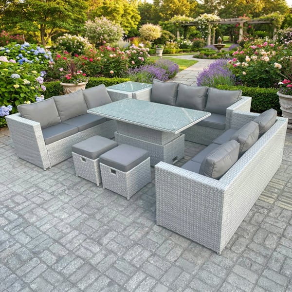 Fimous U Shape Rattan Garden Furniture Set with Adjustable Table, 3 Sofas, Side Table & 2 Footstools - Light Grey