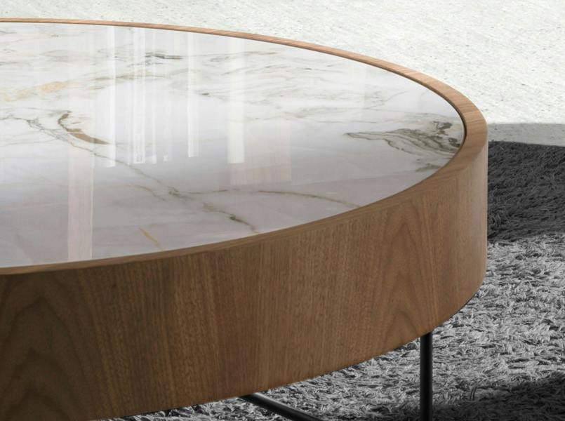 Angel Cerdá Round corner table in porcelain marble, walnut and black steel 2139