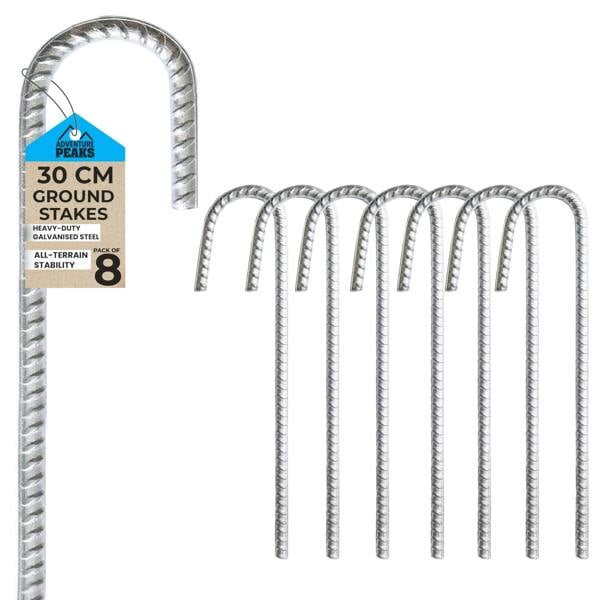 ADVENTURE PEAKS Ground Stakes 8 Pack Galvanised Ground Anchors 30cm Tent Stakes Steel Pegs for Camping Netting Outdoor Gardens