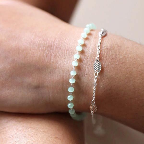 Set of Two Silver Leaf Chain & Beaded Bracelets - close-up detail