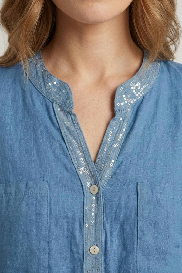 Blue | Sequin Trim 3/4 Sleeve Relaxed Shirt