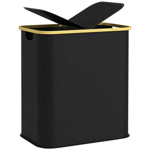 Collapsible double laundry basket with lid, black, open top