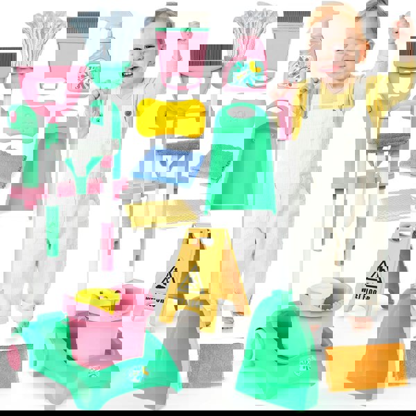 deAO Toys Kids Cleaning Trolley Set Housekeeping Pretend Play Set with Broom, Mop, Brush Dustpan Fun Cleaning Toys for Boys & Girls Aged, Perfect Gift